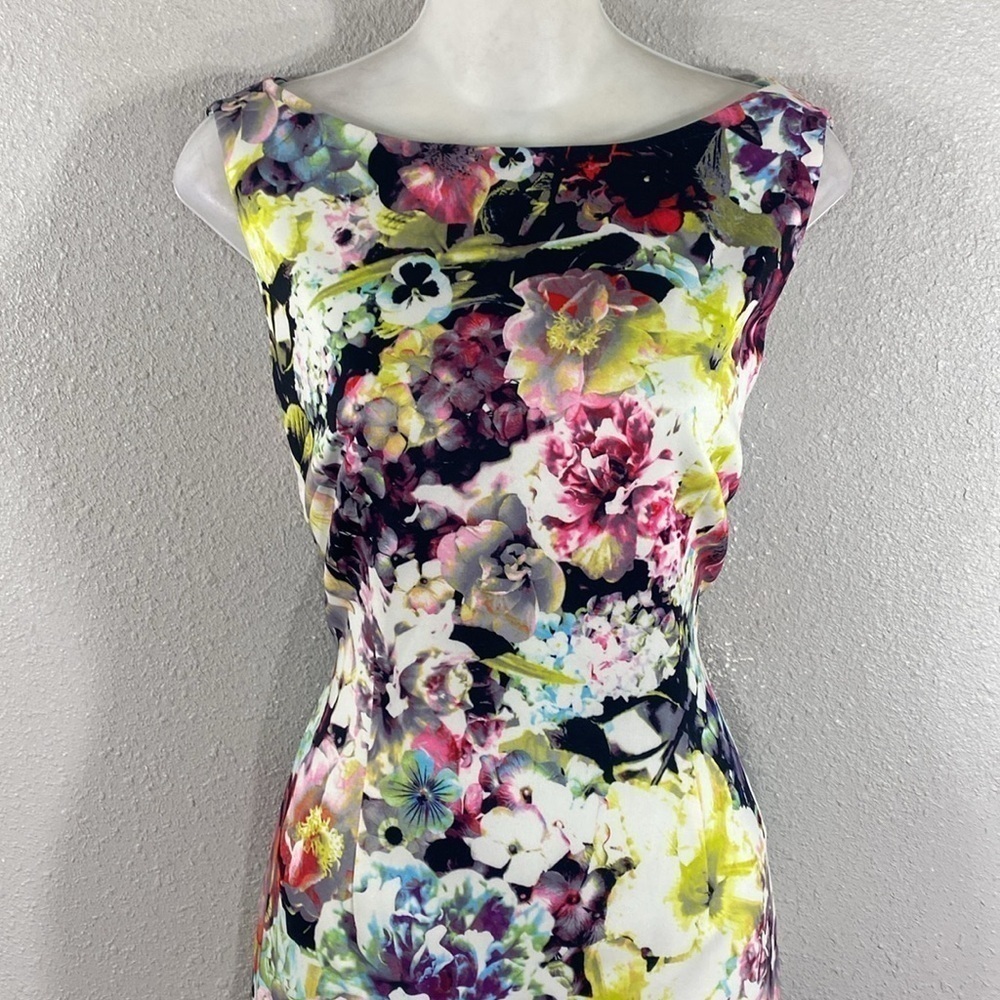 Tahari neon bold floral print boatneck sheath dress 8 PP3 - Picture 2 of 12